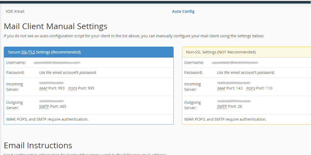 Information CPanel Mail Client Manual Settings